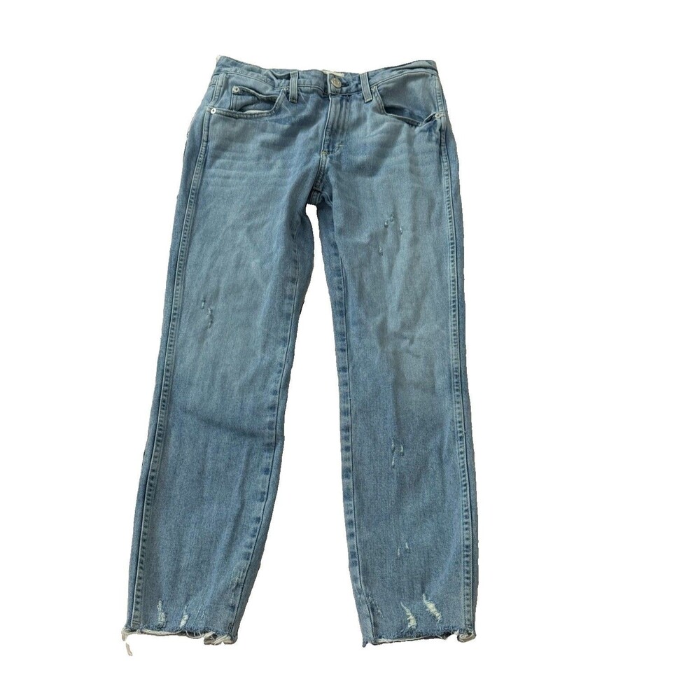 AMO Jeans Womens 29 Blue Stix Crop Distressed Raw Hem Check Ya Later Boho